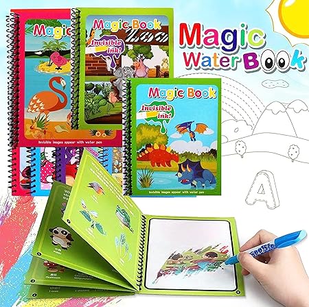 Magic Water Doodle Book – Creative Reusable Drawing Toy for Toddlers & Preschoolers, magic water book, reusable drawing book, coloring book for kids, educational toy, learning activity, toddlers, refillable pen.( pack f 2)